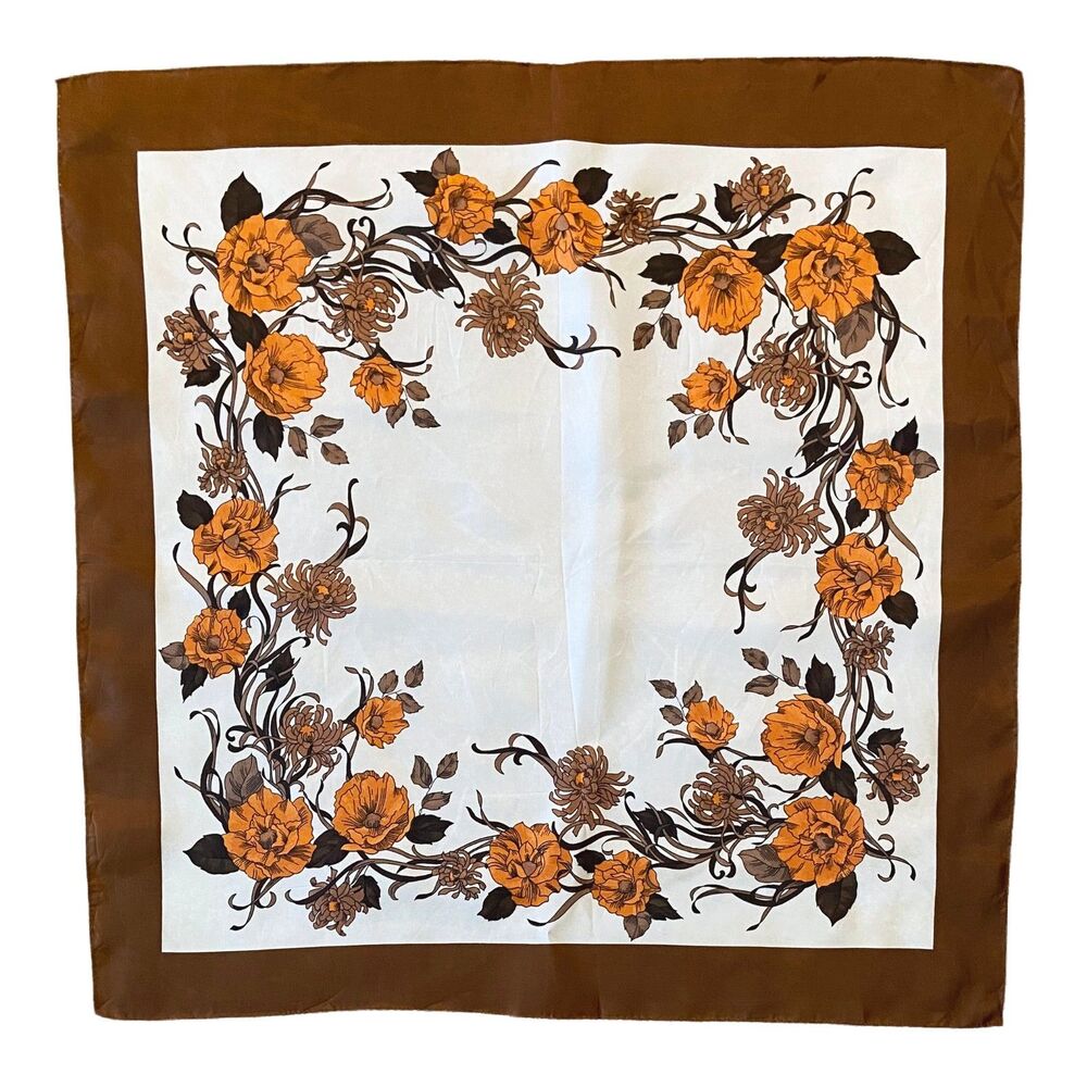 Vintage Hammura Acetate Scarf Brown Orange Floral 26-in Square Water Repellent